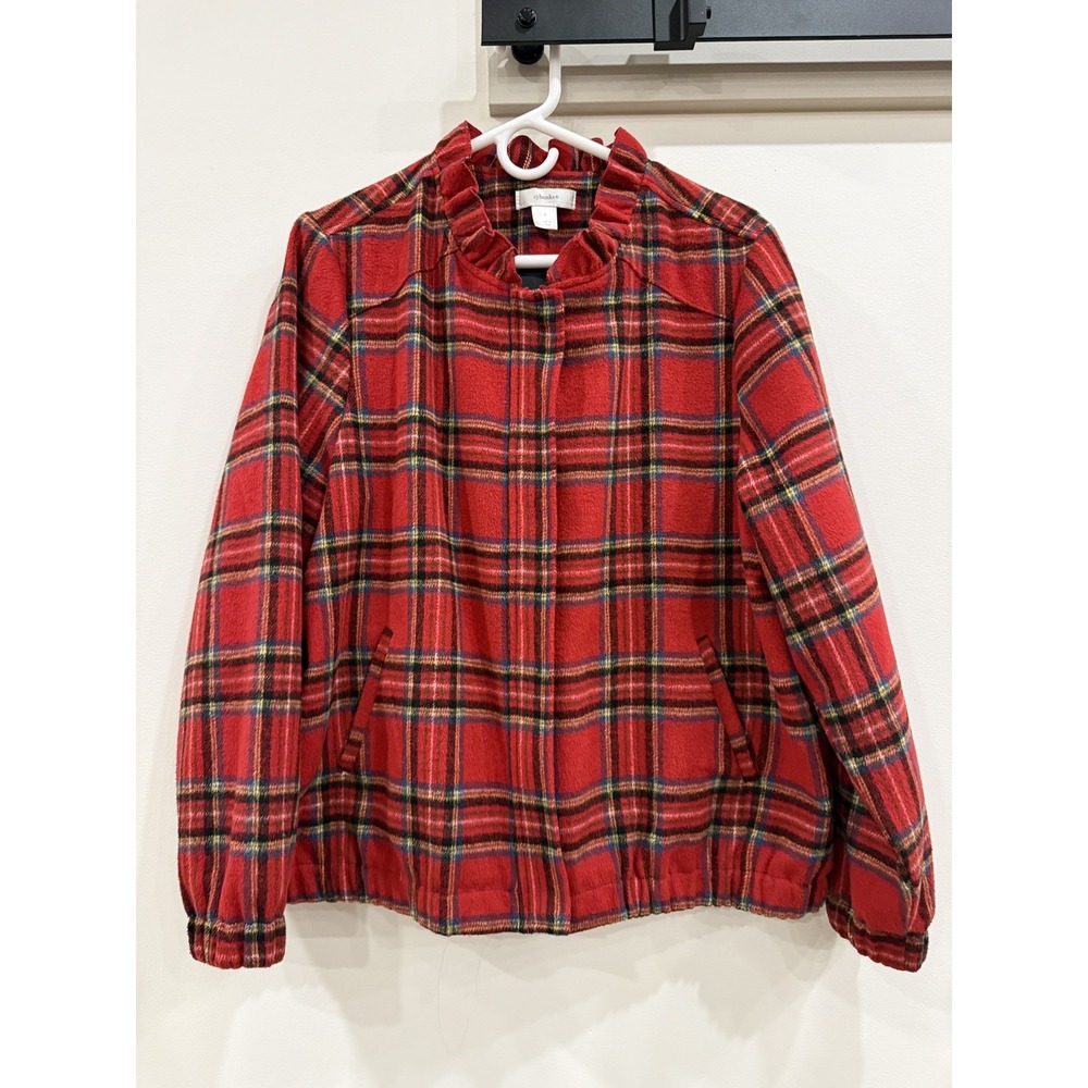 CJ Banks Red Tartan Plaid Preppy Bomber Jacket  Ruffle Collar Wool Blend SZ X